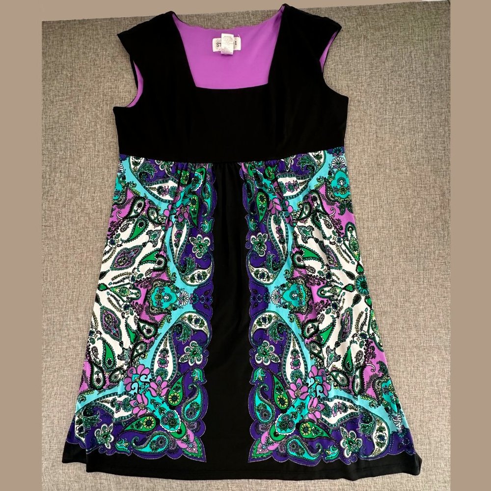 Studio I Dress Size 4 Square Neck Paisley Print‎ Black Trim Sleeveless Polyester